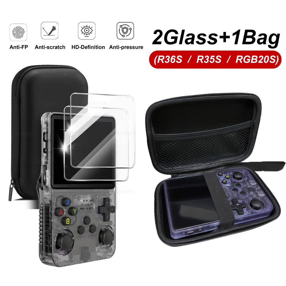 3-in-1 opbergtas + gehard glas - Gaming Console R36S recensie en prijs